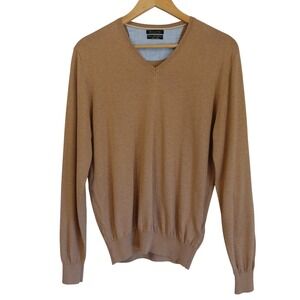 Massimo Dutti Mens Lightweight Sweater Tan V-Neck Cotton Silk Cashmere Size L